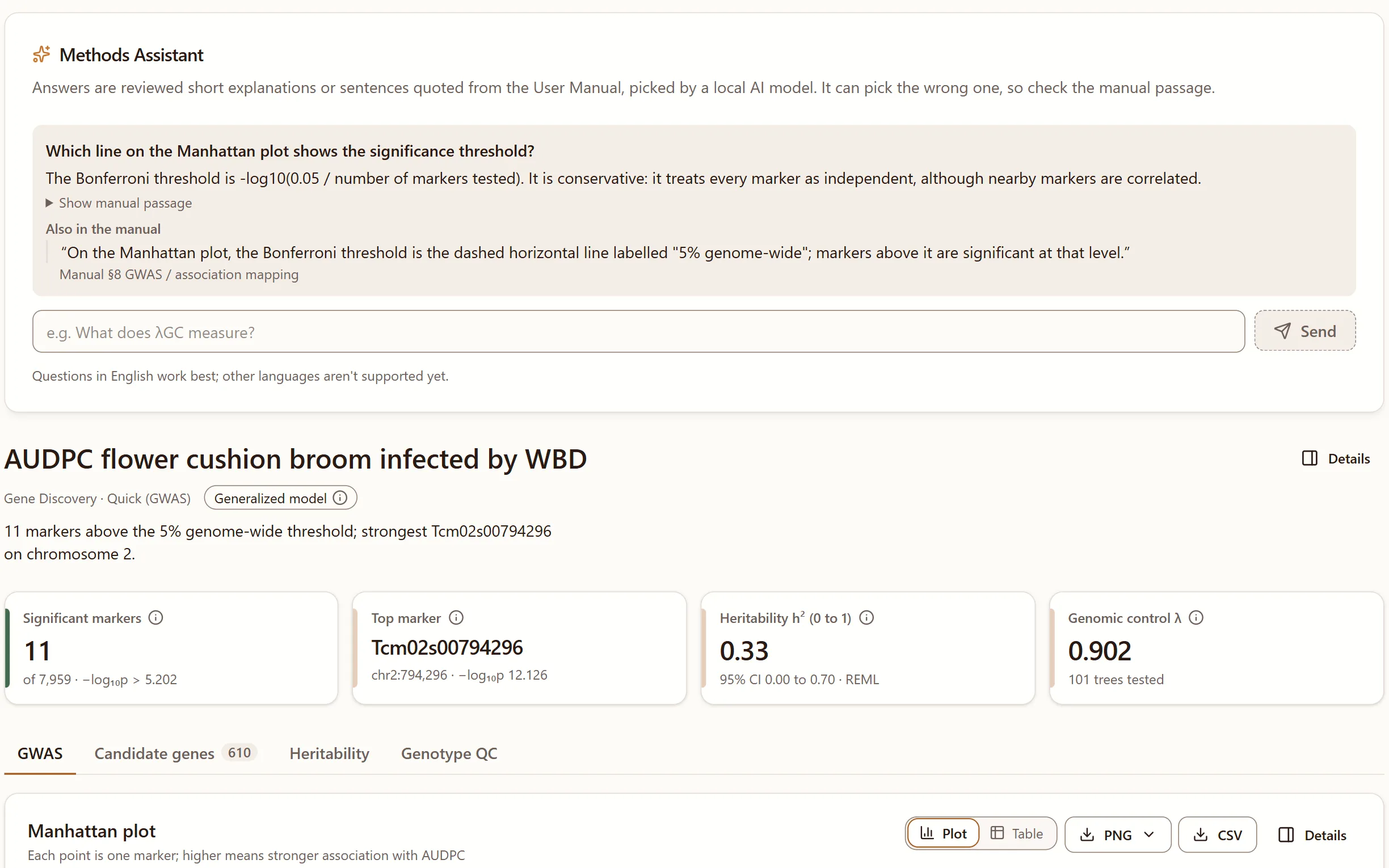 Methods assistant answering which line on the Manhattan plot shows the significance threshold, quoting the user manual, above the GWAS results for witches’ broom on flower cushions